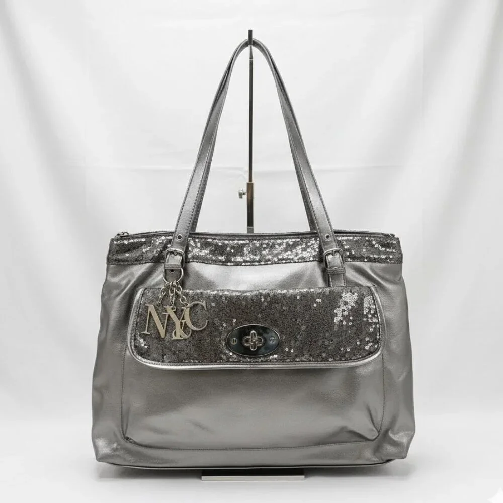 Early 2000s New York & Company Sequin & Faux Silver Metallic Leather Tote Bag